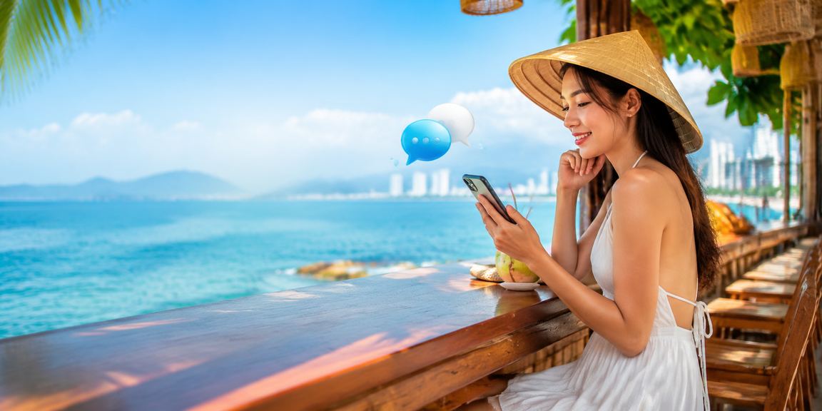 Phụ nữ Nha Trang đội nón lá thực hiện giao dịch casino trên điện thoại di động